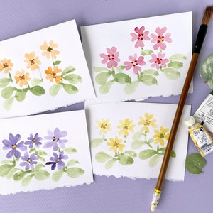 4 Watercolor Floral Notecards, Hand Painted Flower Card Set, Primrose Flowers, Personalized Mother's Day Gift, Gift for Her, Original Art