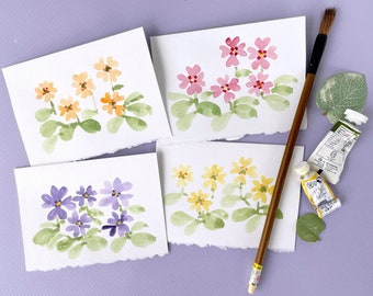 4 Watercolor Floral Notecards, Hand Painted Flower Card Set, Primrose Flowers, Personalized Mother's Day Gift, Gift for Her, Original Art