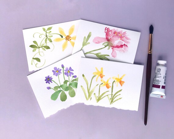 set tiny water color flower cards with envelope and hand painted