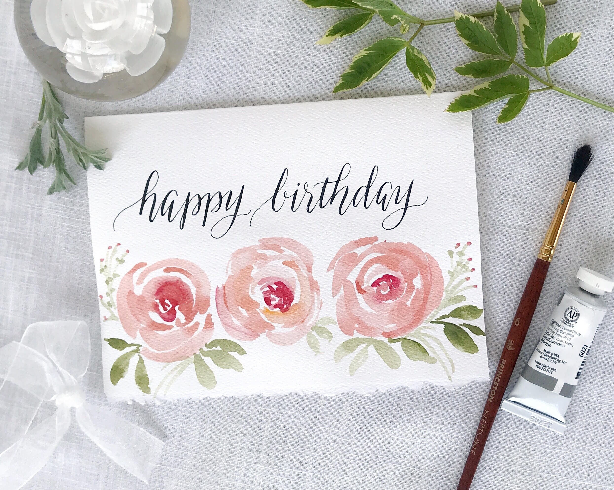 Floral Birthday Card, Hand Painted Watercolor Flower Card, Pink Painted Roses for Wife, Mom, Girlfriend,  Original Art and Calligraphy