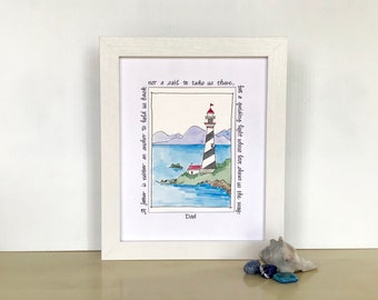 Watercolor Lighthouse Painting,  Hand Painted Lighthouse Wall Decor, Calligraphy, Original Watercolor, Gift for Father's Day, Dad