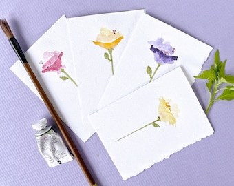 Tarjetas de flores de amapola - Flores de acuarela pintadas a mano - Conjunto de tarjetas de notas de flores - Arte original