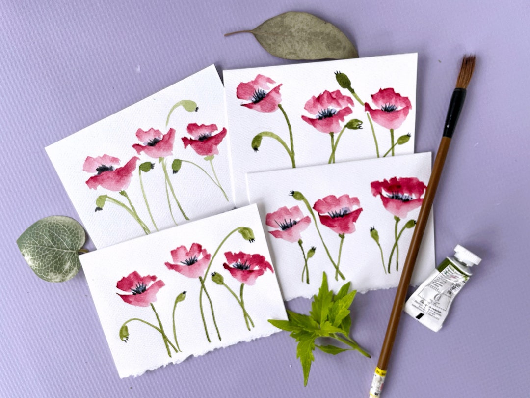 Hand Painted Poppy Flower Notecards, Watercolor Stationery Set - Etsy