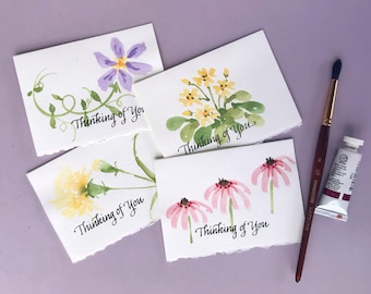 Thinking of You Set of 4 Floral Notecards, Hand Painted Watercolor Flower Cards, Mother Day's Gift,   Original Art