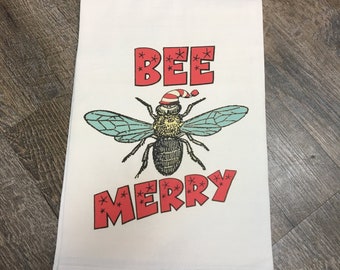 Bee Merry Dish Towel, kitchen towel, hand towel, beekeeper gift, honeybee, stocking stuffer, linens, cool gift, beekeeping gift