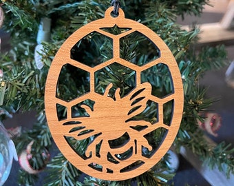 Wooden Honey Bee Ornament, Bee Christmas Ornament, Natural Handmade Wood Ornament
