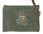 Bee Happy Jute CB Station Zip Bag, Makeup bag, Travel bag, Accessory Bag, Jewelry, HoneyBee Gift, Beekeeper Gift, Gift for her, Bumblebee