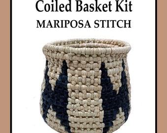 May include: A coiled basket kit featuring a black and white pattern called "Mariposa Stitch". The kit makes a basket about 4 inches wide by 3 inches tall. The kit is for ages 12 and up.  Learn. Create. Inspire.®