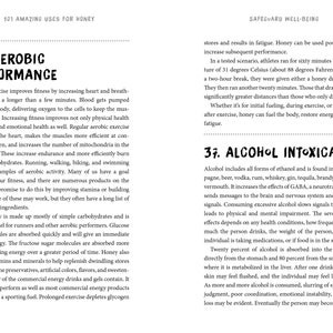 May include: A two-page spread from a book titled "101 Amazing Uses for Honey." The left page discusses aerobic performance, while the right page covers alcohol intoxication. The pages have a white background with black text and headings.