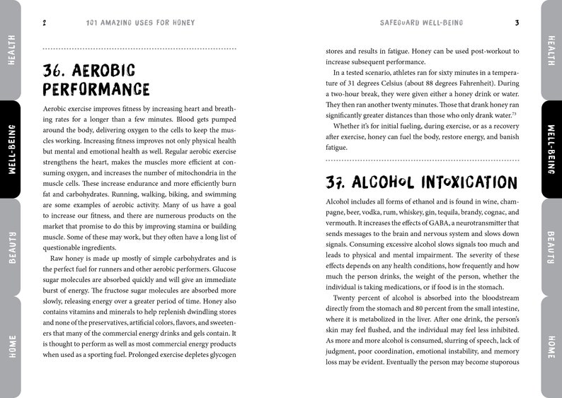 May include: A two-page spread from a book titled "101 Amazing Uses for Honey." The left page discusses aerobic performance, while the right page covers alcohol intoxication. The pages have a white background with black text and headings.