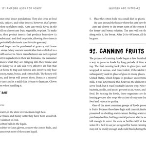 May include: A page from a book titled "101 Amazing Uses for Honey" with text about ant baits and canning fruits. The page includes instructions for making honey ant bait and details on preserving food through canning.