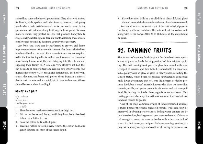 May include: A page from a book titled "101 Amazing Uses for Honey" with text about ant baits and canning fruits. The page includes instructions for making honey ant bait and details on preserving food through canning.
