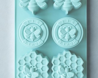 6 Cavity Honey Bee Theme Silicone Mold for soap, beeswax, lotion bars, sweet treats, foodgrade