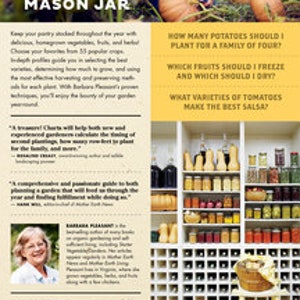 May include: A book cover with a photo of a full pantry shelf with jars of preserved food. The title of the book is "From Garden to Mason Jar". The text on the cover asks questions about gardening and preserving food, such as "How many potatoes should I plant for a family of four?" and "What varieties of tomatoes make the best salsa?"