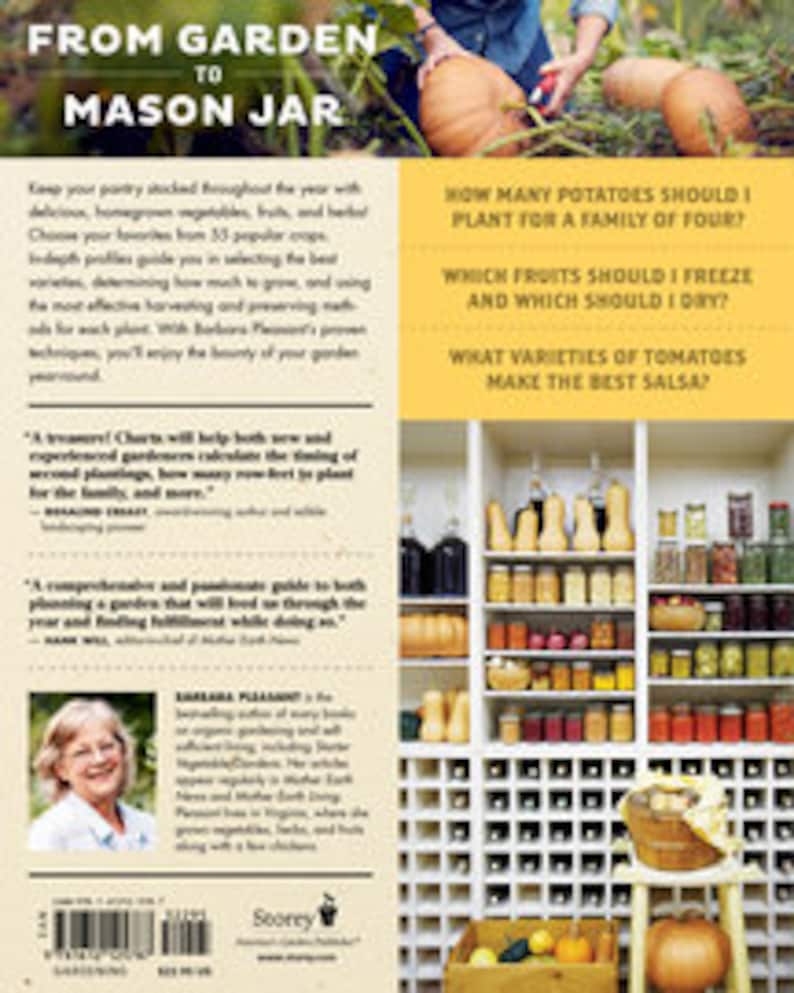 May include: A book cover with a photo of a full pantry shelf with jars of preserved food. The title of the book is "From Garden to Mason Jar". The text on the cover asks questions about gardening and preserving food, such as "How many potatoes should I plant for a family of four?" and "What varieties of tomatoes make the best salsa?"