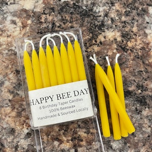 Beeswax Birthday Taper Candles, 100% Pure Beeswax, Set of 8, Non-Toxic, Purifying