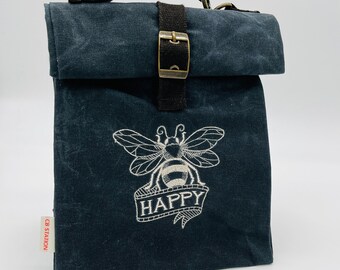 Waxed Canvas Honey Bee Happy Lunch Tote, Beekeeper Gift, Embroidered Office Lunch Bag, Heavy Duty, CB Station Lunch Bag, School Lunch Box,