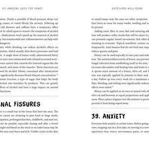 May include: A two-page spread from a book titled "101 Amazing Uses for Honey" and "Safeguard Well-Being." The text discusses health topics, including anal fissures and anxiety, with related medical advice.