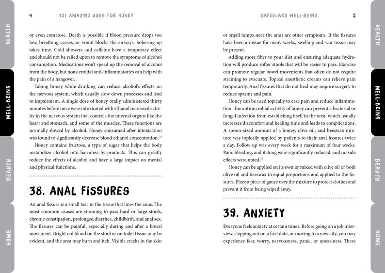 May include: A two-page spread from a book titled "101 Amazing Uses for Honey" and "Safeguard Well-Being." The text discusses health topics, including anal fissures and anxiety, with related medical advice.