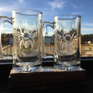 Set of 2- Heavy Glass Stein Mugs Etched with a Honey Bee