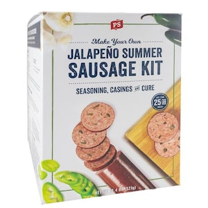May include: A blue and white box with the text "Make Your Own Jalapeño Summer Sausage Kit" and "Seasoning, Casings and Cure". The box shows a close-up of a sausage casing filled with a mixture of ground meat and jalapeños. The box also shows a smaller box with the text "Kit for 25 lbs Meat".