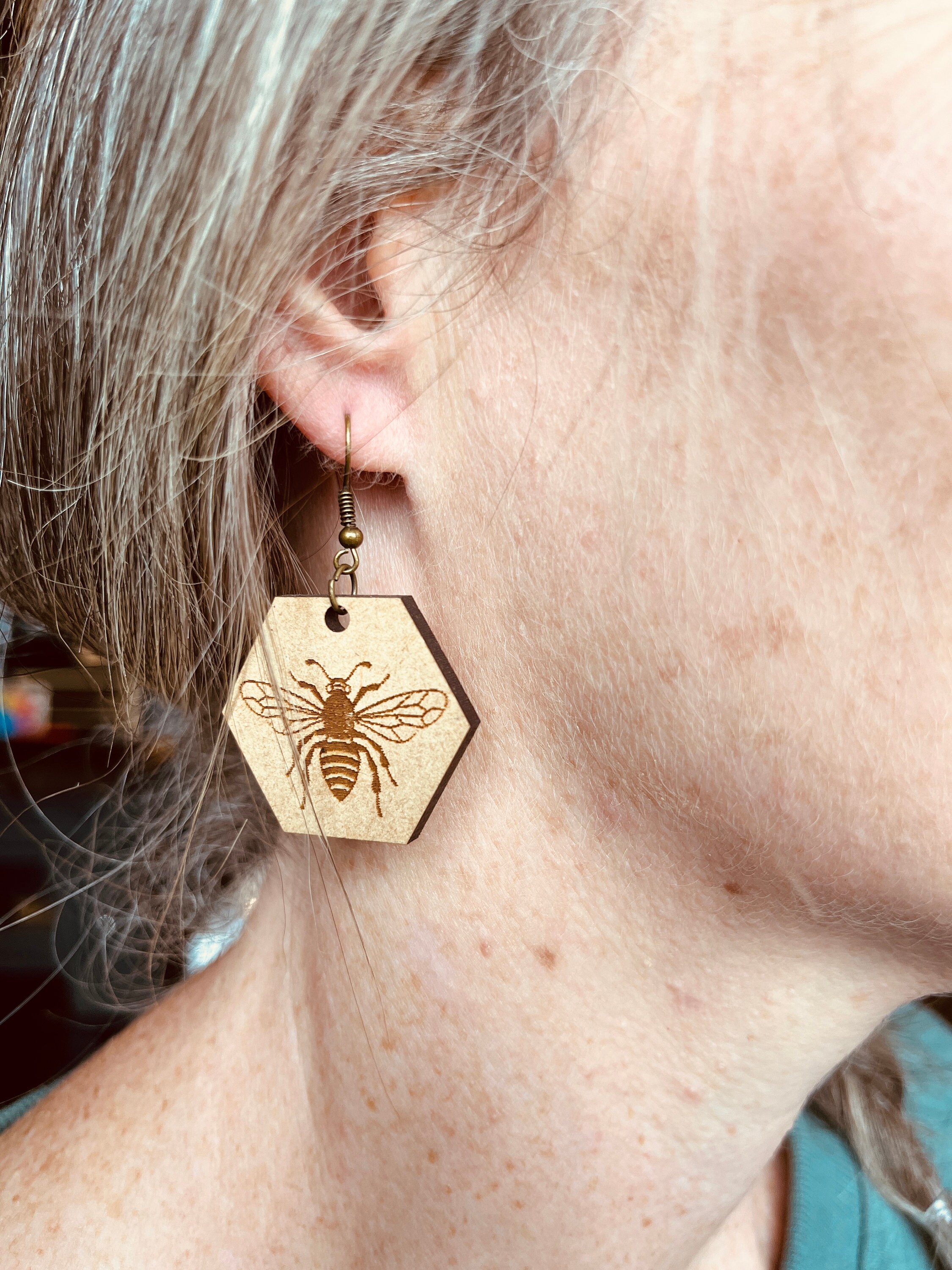 Etched Queen Honey Bee Hexagon Earrings, Laser Etched Jewelry, Beekeeper Gift for Her