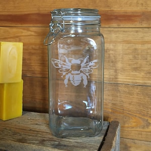 Etched Honey Bee Glass Canister with Lid, Cool Beekeeper Gift, Beekeeping, Father&#39;s Day, Mother&#39;s Day, Grandfather gift, Christmas gift, bee