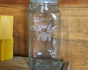 Etched Honey Bee Glass Canister with Lid, Cool Beekeeper Gift, Beekeeping, Father's Day, Mother's Day, Grandfather gift, Christmas gift, bee