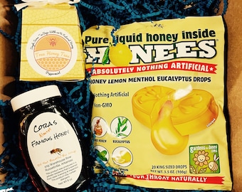 Get Well Honey & Tea Gift Box, Raw Honey, Tea, Cough Drops, All Natural Cold Treatment