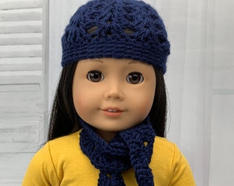 2 Piece Hat & Scarf Set - Navy Blue - Crocheted - Made to fit 18" Dolls