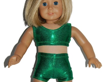 SHINY GREEN SPORTS BRA /& SHORT SET Fits 18/" American Girl Dolls Dance//Cheer