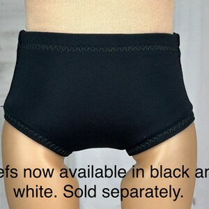 May include: Black briefs with a black elastic waistband and a zig-zag stitch around the edges. Briefs now available in black and white. Sold separately.