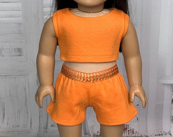 2 Piece Set - Crop Top and Shorts - Orange with Gold Chevron - 18” Doll Clothes - made to fit 18 in Dolls