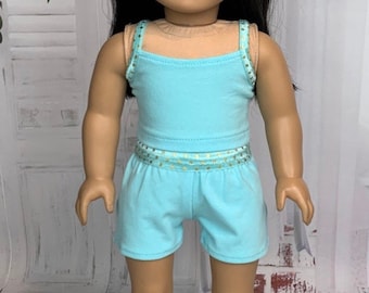 2 Piece Set - CamIsole and Shorts - Light Aqua with Metallic Gold Polka Dot Straps - 18” Doll Clothes