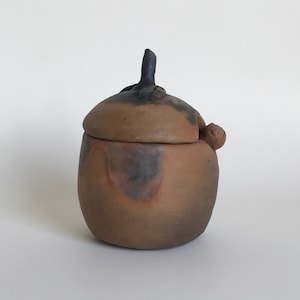 Puede incluir: Un pequeño tarro de cerámica marrón con tapa. La tapa tiene un pomo negro en forma de hoja. El tarro tiene un aspecto rústico y hecho a mano.