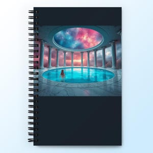 Op de afbeelding: Spiraalgebonden notitieboek met een surrealistische afbeelding van een zwembad onder een hemelse hemel. Het kunstwerk toont een persoon in het zwembad omringd door zuilen, met een levendige, kleurrijke hemel zichtbaar door een oculus. Het notitieboek heeft een donkerblauwe kaft.