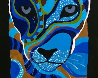 Mountain Lion Gouache Painting, Puma Gouache Painting, Mountain Lion Portrait Painting, Big Cat Portrait, Big Cat Art, Blue Big Cat