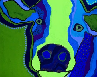 BlueGreen Cow Gouache Painting, Cow Painting, BlueGreen Cow Portrait, Cow Wall Art, Farm Animal Painting, Gouache Cow Painting