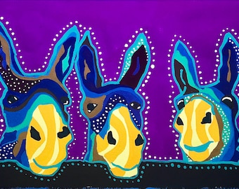 3 Donkeys Gouache Painting, 3 Donkeys Painting, 3 Donkeys Portrait, Donkey Art Work, Donkey Wall Art, Farm Animal Art, Animal Art