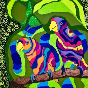 May include: Two colorful parrots perched on a branch with a green and black background. The parrots have bright blue, purple, orange, and pink stripes.