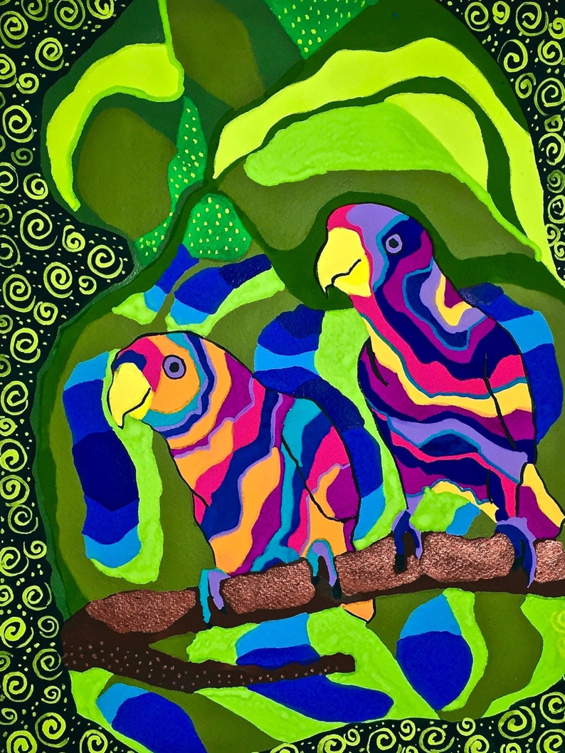 May include: Two colorful parrots perched on a branch with a green and black background. The parrots have bright blue, purple, orange, and pink stripes.