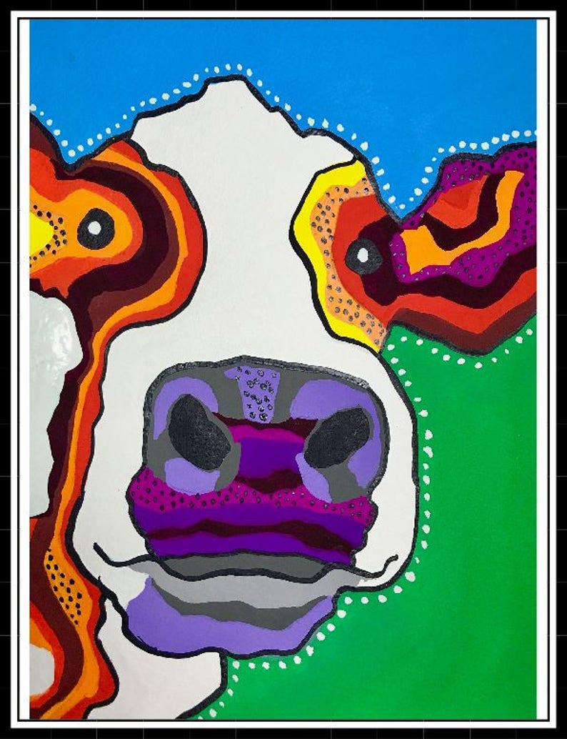 Cow Gouache Painting, Cow Portrait, Cow Painting, MultiColor Cow Painting, Cow Wall Art, Cow Home Decor, Farm Animal Painting image 2