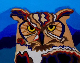 Great Horned Owl Gouache Painting, Owl Gouache Painting, Great Horned Owl Portrait