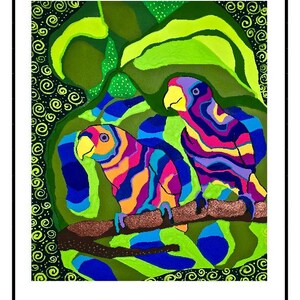 May include: Two colorful parrots with bright pink, blue, yellow, and orange stripes perched on a brown branch against a green and black background.