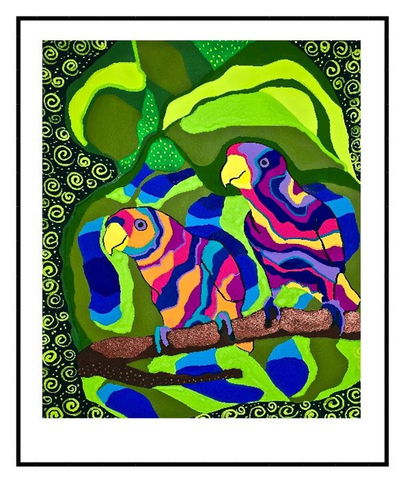 May include: Two colorful parrots with bright pink, blue, yellow, and orange stripes perched on a brown branch against a green and black background.