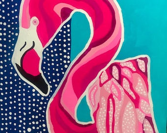 Pink Flamingo Gouache Painting, Pink Flamingo Painting, Pink Flamingo Art, Flamingo Wall Art, Bird Painting, Pink Flamingo Portrait