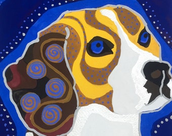 Beagle Gouache Painting, Beagle Portrait Painting, Beagle Wall Art, MultiColor Beagle Painting