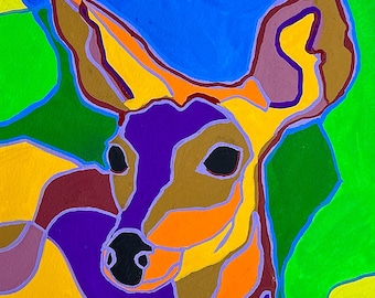 Deer Gouache Painting, Deer Gouace Portrait, Deer Painting, Deer Portrait, Colorful Deer Painting, Deer Wall Art, Wildlife Painting