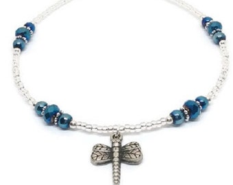 Dragonfly anklet with metallic blue beads and silver-lined crystal seed beads. Sparkly, feminine stylish ankle bracelet.