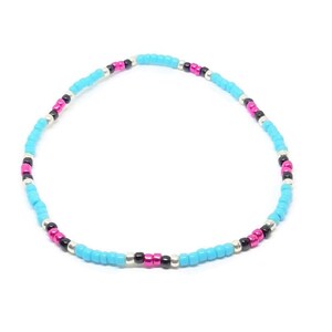 Turquoise, silver, black, and bright pink stretch anklet.